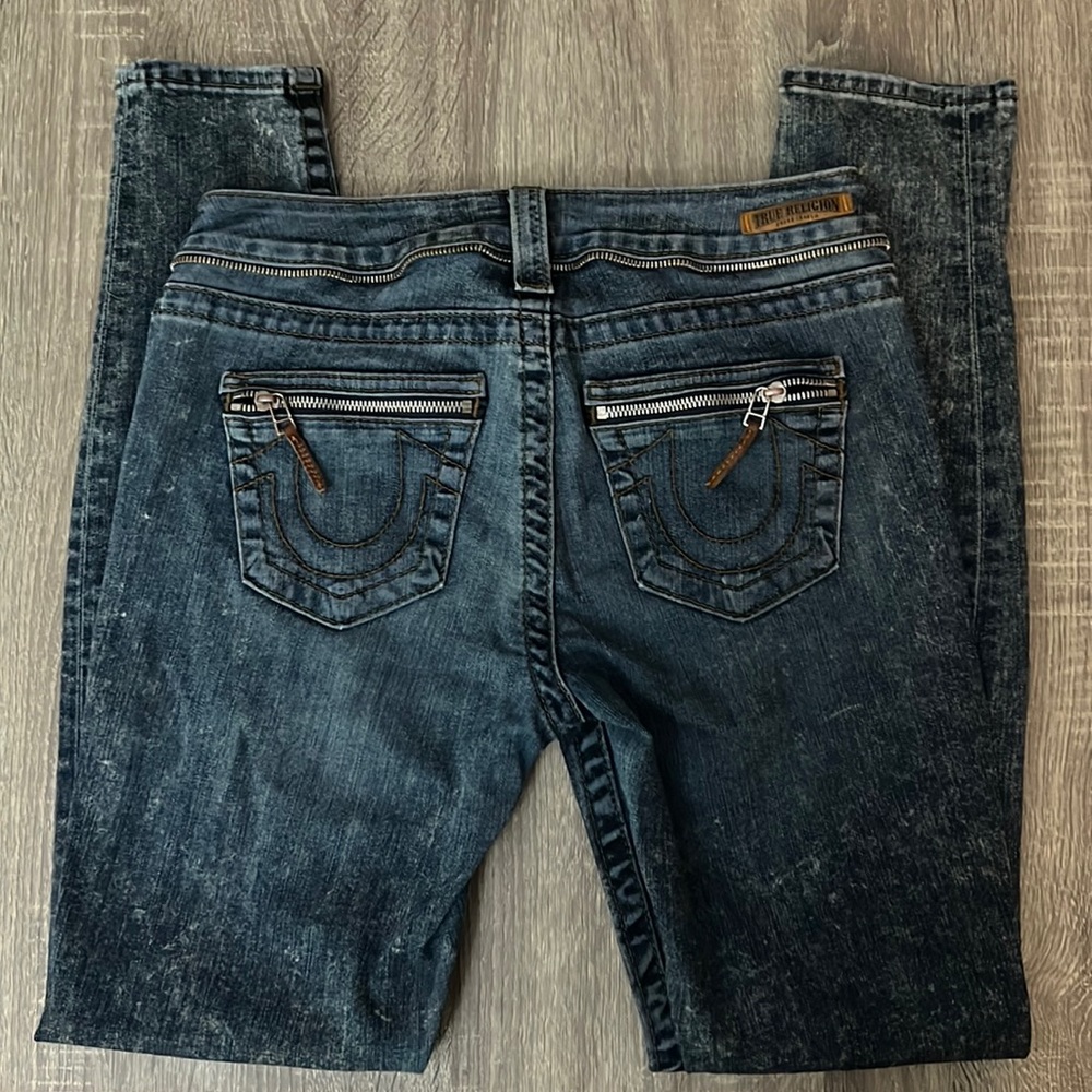 TRUE RELIGION acid wash distressed skinny contrast stitch zipper pocket